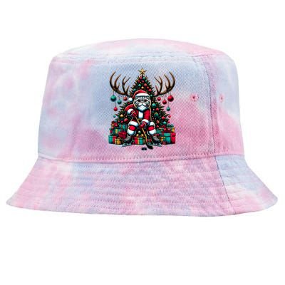 Santa Scottish Fold Cat Playing Hockey Christmas Cute Gift Tie-Dyed Bucket Hat