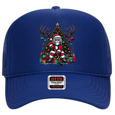 Santa Scottish Fold Cat Playing Hockey Christmas Cute Gift High Crown Mesh Back Trucker Hat