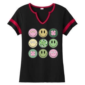 Shamrock Smile Face Disco Retro Groovy St Patricks Day Lucky Ladies Halftime Notch Neck Tee