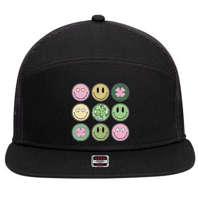 Shamrock Smile Face Disco Retro Groovy St Patricks Day Lucky 7 Panel Mesh Trucker Snapback Hat