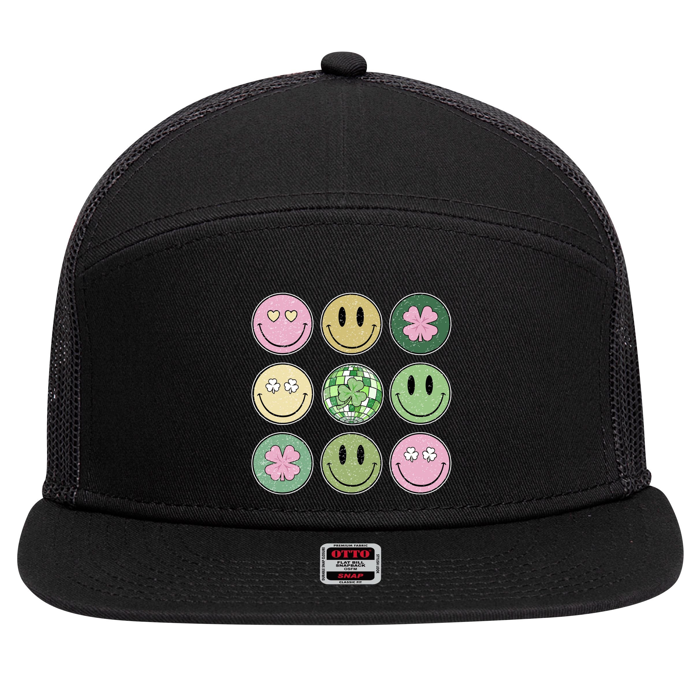 Shamrock Smile Face Disco Retro Groovy St Patricks Day Lucky 7 Panel Mesh Trucker Snapback Hat