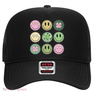 Shamrock Smile Face Disco Retro Groovy St Patricks Day Lucky High Crown Mesh Back Trucker Hat