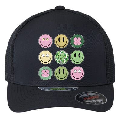 Shamrock Smile Face Disco Retro Groovy St Patricks Day Lucky Flexfit Unipanel Trucker Cap
