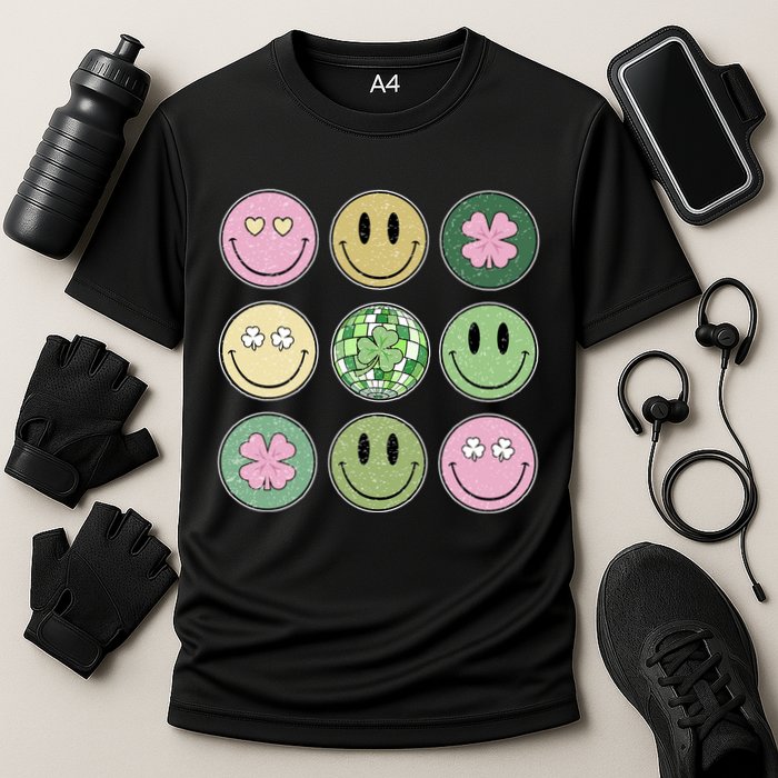 Shamrock Smile Face Disco Retro Groovy St Patricks Day Lucky Cooling Performance Crew T-Shirt