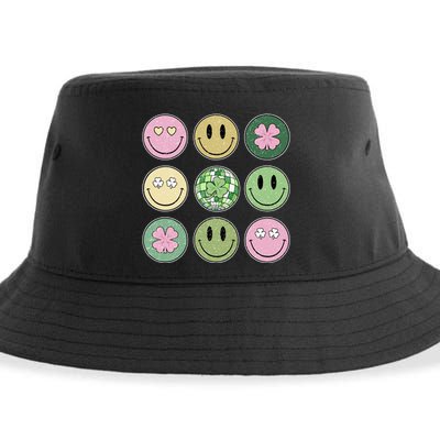 Shamrock Smile Face Disco Retro Groovy St Patricks Day Lucky Sustainable Bucket Hat