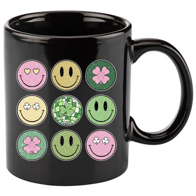 Shamrock Smile Face Disco Retro Groovy St Patricks Day Lucky 11oz C Handle Ceramic Mug