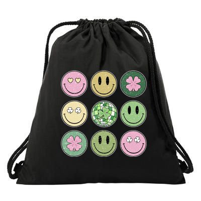 Shamrock Smile Face Disco Retro Groovy St Patricks Day Lucky Drawstring Bag