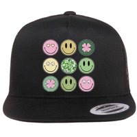Shamrock Smile Face Disco Retro Groovy St Patricks Day Lucky Flat Bill Trucker Hat