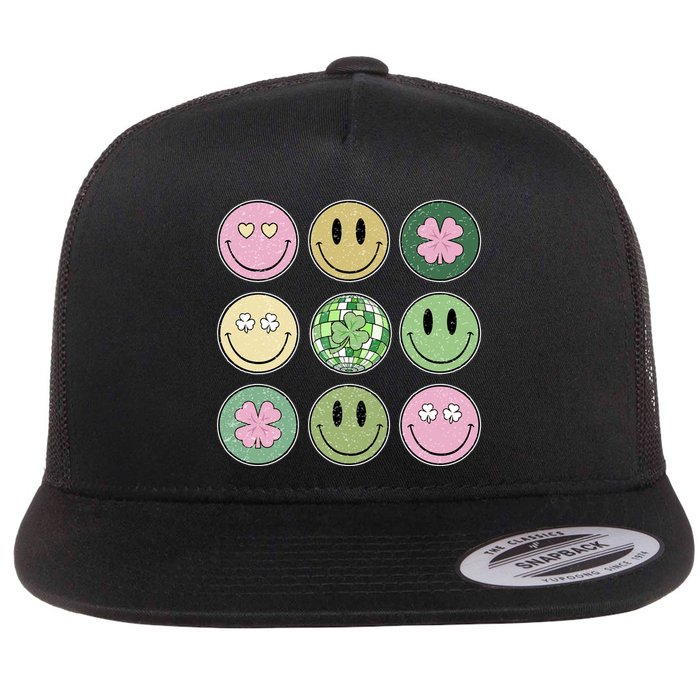 Shamrock Smile Face Disco Retro Groovy St Patricks Day Lucky Flat Bill Trucker Hat