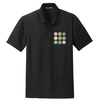 Shamrock Smile Face Disco Retro Groovy St Patricks Day Lucky Dry Zone Grid Polo
