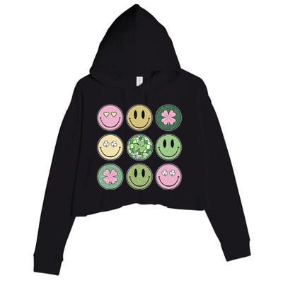 Shamrock Smile Face Disco Retro Groovy St Patricks Day Lucky Crop Fleece Hoodie