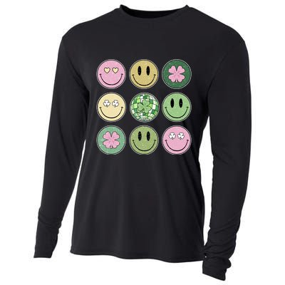 Shamrock Smile Face Disco Retro Groovy St Patricks Day Lucky Cooling Performance Long Sleeve Crew
