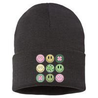 Shamrock Smile Face Disco Retro Groovy St Patricks Day Lucky Sustainable Knit Beanie