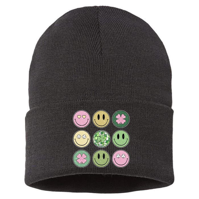 Shamrock Smile Face Disco Retro Groovy St Patricks Day Lucky Sustainable Knit Beanie