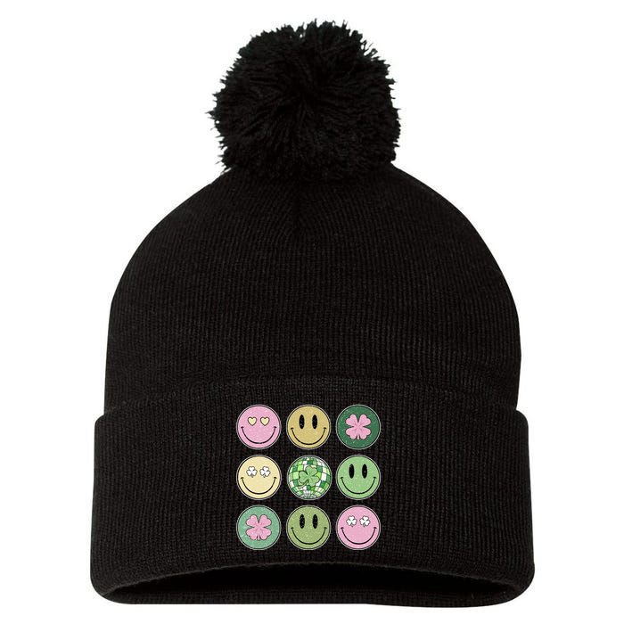 Shamrock Smile Face Disco Retro Groovy St Patricks Day Lucky Pom Pom 12in Knit Beanie
