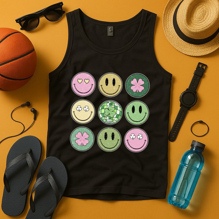 Shamrock Smile Face Disco Retro Groovy St Patricks Day Lucky Tank Top