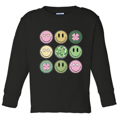 Shamrock Smile Face Disco Retro Groovy St Patricks Day Lucky Toddler Long Sleeve Shirt