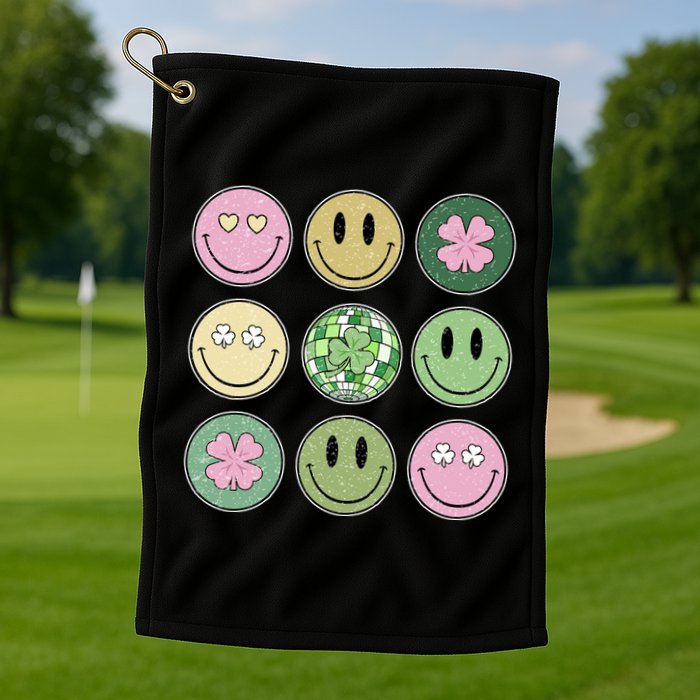 Shamrock Smile Face Disco Retro Groovy St Patricks Day Lucky Golf Towel