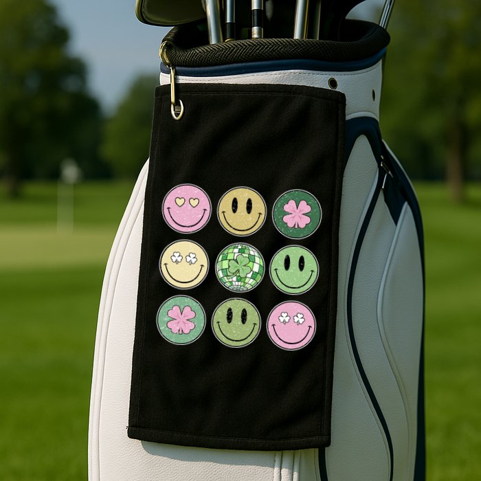 Shamrock Smile Face Disco Retro Groovy St Patricks Day Lucky Golf Towel
