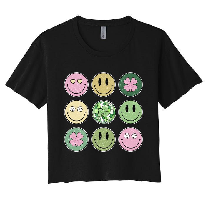 Shamrock Smile Face Disco Retro Groovy St Patricks Day Lucky Crop Top