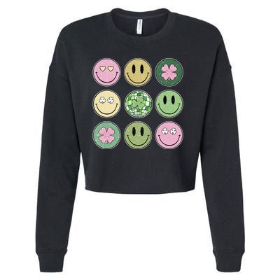 Shamrock Smile Face Disco Retro Groovy St Patricks Day Lucky Cropped Pullover Crew