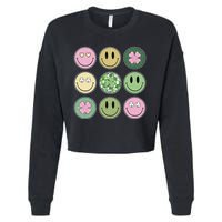Shamrock Smile Face Disco Retro Groovy St Patricks Day Lucky Cropped Pullover Crew