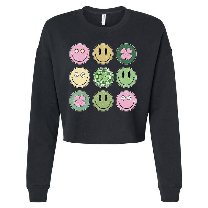 Shamrock Smile Face Disco Retro Groovy St Patricks Day Lucky Cropped Pullover Crew
