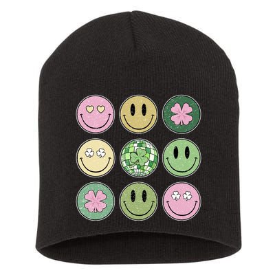 Shamrock Smile Face Disco Retro Groovy St Patricks Day Lucky Short Acrylic Beanie