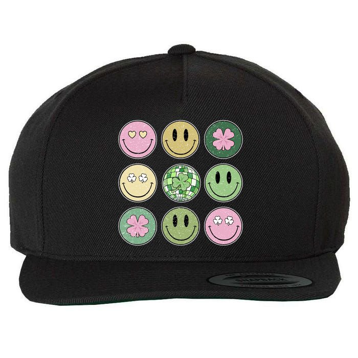 Shamrock Smile Face Disco Retro Groovy St Patricks Day Lucky Wool Snapback Cap