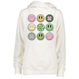 Shamrock Smile Face Disco Retro Groovy St Patricks Day Lucky Womens Funnel Neck Pullover Hood