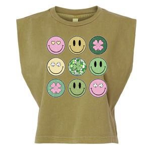 Shamrock Smile Face Disco Retro Groovy St Patricks Day Lucky Garment-Dyed Women's Muscle Tee