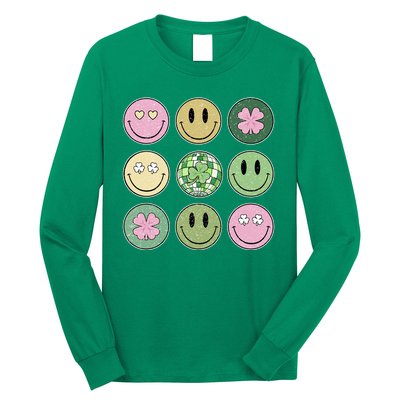 Shamrock Smile Face Disco Retro Groovy St Patricks Day Lucky Long Sleeve Shirt