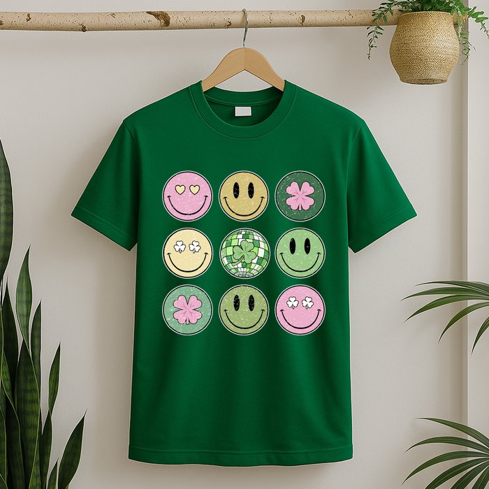 Shamrock Smile Face Disco Retro Groovy St Patricks Day Lucky T-Shirt