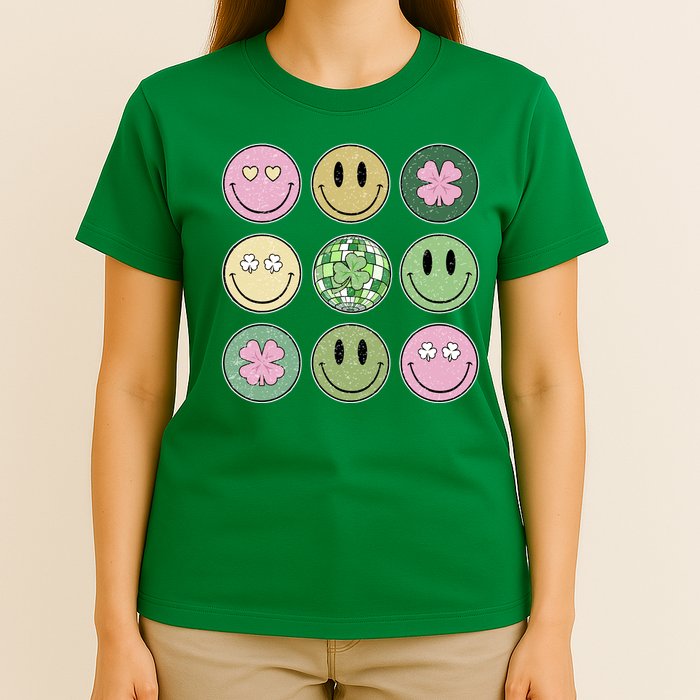 Shamrock Smile Face Disco Retro Groovy St Patricks Day Lucky T-Shirt