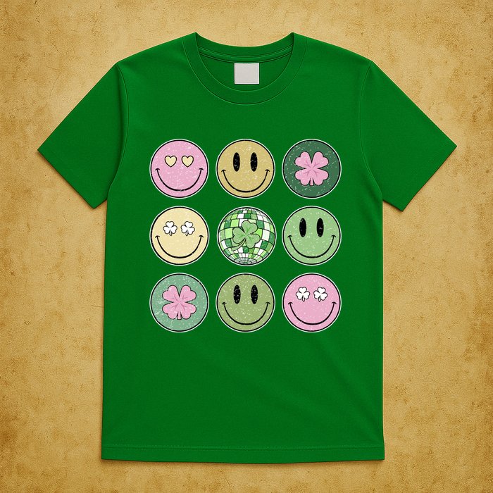 Shamrock Smile Face Disco Retro Groovy St Patricks Day Lucky T-Shirt