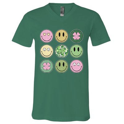Shamrock Smile Face Disco Retro Groovy St Patricks Day Lucky V-Neck T-Shirt