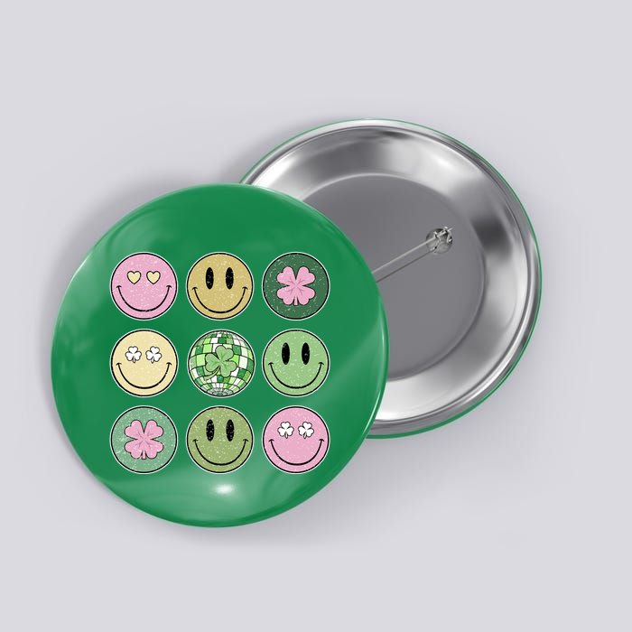 Shamrock Smile Face Disco Retro Groovy St Patricks Day Lucky Button