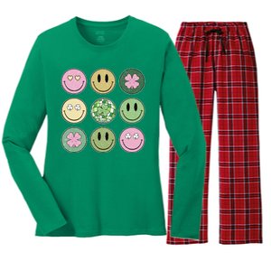 Shamrock Smile Face Disco Retro Groovy St Patricks Day Lucky Women's Long Sleeve Flannel Pajama Set 