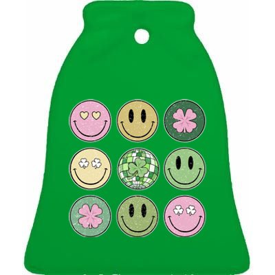 Shamrock Smile Face Disco Retro Groovy St Patricks Day Lucky Ceramic Bell Ornament