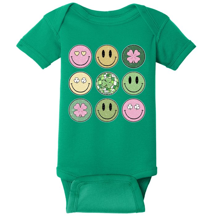 Shamrock Smile Face Disco Retro Groovy St Patricks Day Lucky Baby Bodysuit