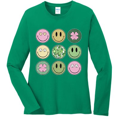Shamrock Smile Face Disco Retro Groovy St Patricks Day Lucky Ladies Long Sleeve Shirt