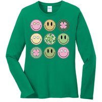 Shamrock Smile Face Disco Retro Groovy St Patricks Day Lucky Ladies Long Sleeve Shirt