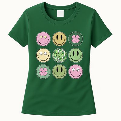 Shamrock Smile Face Disco Retro Groovy St Patricks Day Lucky Womens T-Shirt