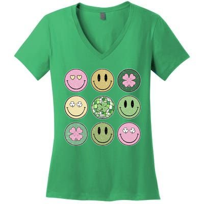 Shamrock Smile Face Disco Retro Groovy St Patricks Day Lucky Women's V-Neck T-Shirt