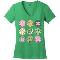 Shamrock Smile Face Disco Retro Groovy St Patricks Day Lucky Women's V-Neck T-Shirt