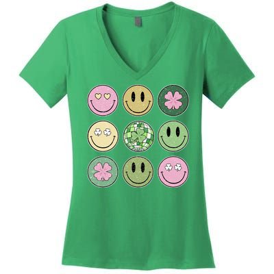 Shamrock Smile Face Disco Retro Groovy St Patricks Day Lucky Women's V-Neck T-Shirt