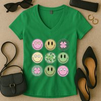 Shamrock Smile Face Disco Retro Groovy St Patricks Day Lucky Women's V-Neck T-Shirt