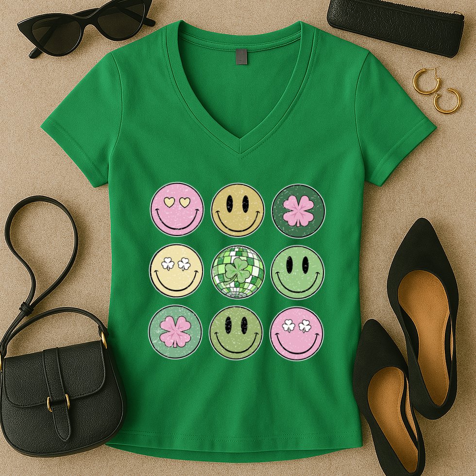 Shamrock Smile Face Disco Retro Groovy St Patricks Day Lucky Women's V-Neck T-Shirt
