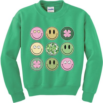 Shamrock Smile Face Disco Retro Groovy St Patricks Day Lucky Kids Sweatshirt