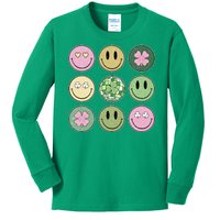 Shamrock Smile Face Disco Retro Groovy St Patricks Day Lucky Kids Long Sleeve Shirt